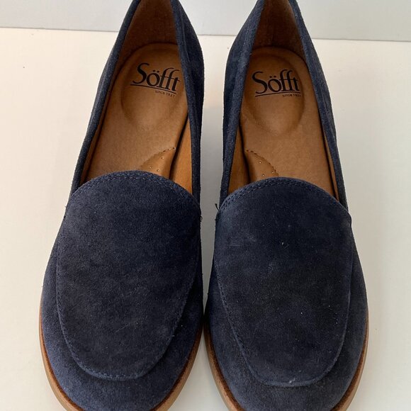 Sofft Napoli Navy Suede Leather Stacked Heels Slip on Loafers ~ Women's Size 8M - Picture 4 of 13